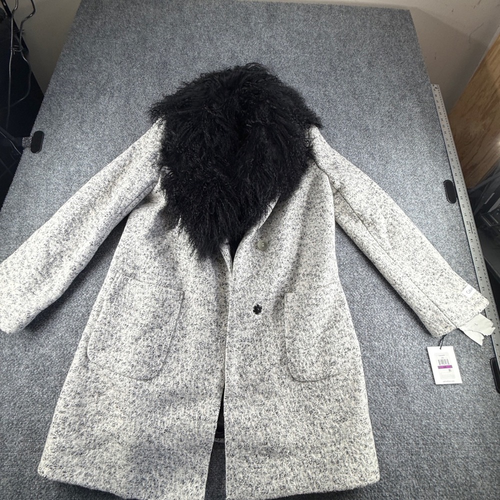 Calvin Klein Womens XXL Boucle Coat Grey Faux Fur Collar CW664829 New